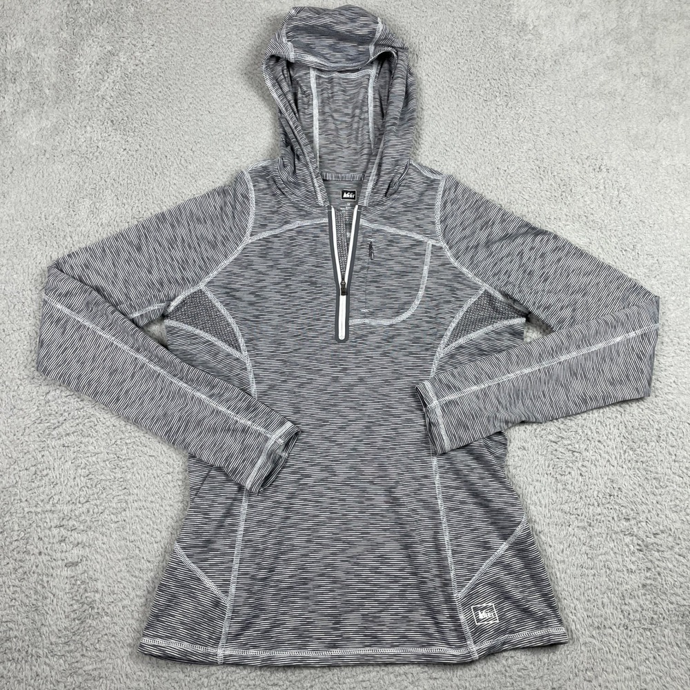 REI Co-op 1/4 Zip Hoodie Pullover Womens Medium Grey Striped Performance Active